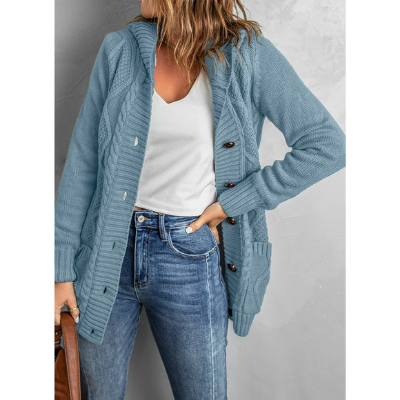 Eytino Womens Hooded Cardigan Sweater Coat Long Sleeve with Pockets Blue Size M - Picture 3 of 7
